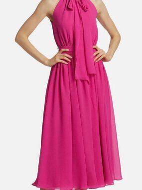 Catherine Regehr Women's Pink Jasmine Georgette Tie-Neck Midi Dress Size 12